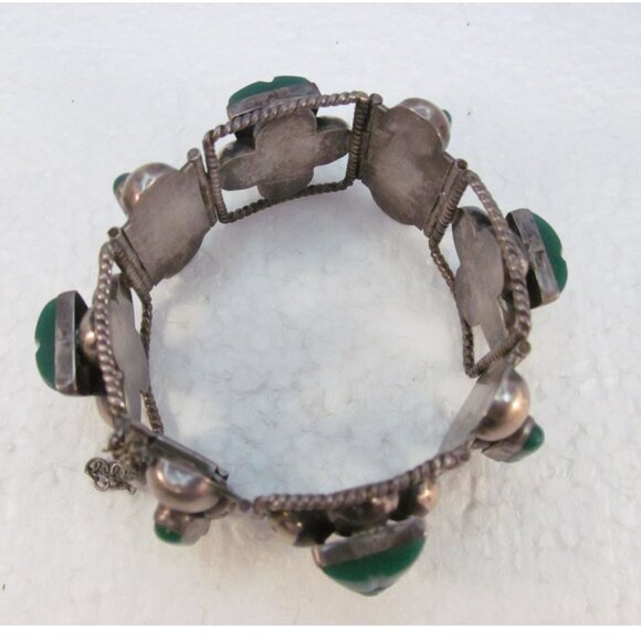 Sterling Silver Carved Green Onyx Tribal Face Mexican Link Bracelet Size 6.75 - Picture 6 of 16